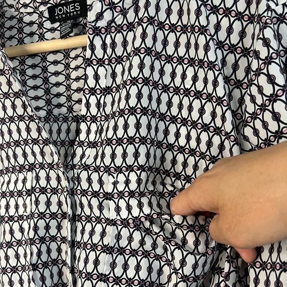 Jones New York long roll tab sleeve front pockets v neck blouse brown pink XL - Picture 2 of 8